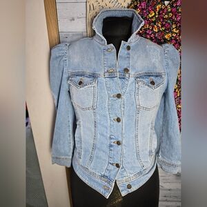 Retrofête Ada Blue Light Wash Distressed Cropped Denim Jacket Puff Sleeves